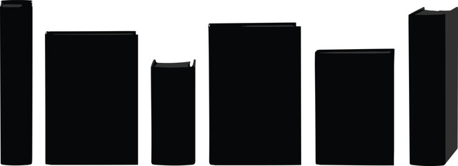 Row of upright book silhouettes, minimalist black design, stylized collection, literature, education, reading, knowledge, study, learning, library, academic, publishing, literature icons © Habiba