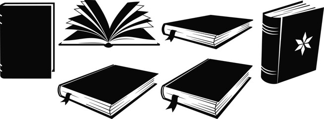 Stylized book silhouettes, open and closed, upright and flat, minimalist black design, literature, education, reading, knowledge, study, learning, library, academic, publishing, creative icons © Habiba