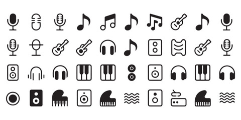 Music and Audio Icons Set. Collection of sound, instrument, and recording symbols. © MD