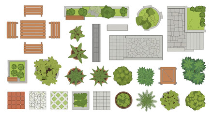 Top down view of a garden landscape with benches plants and pathways © Sumon