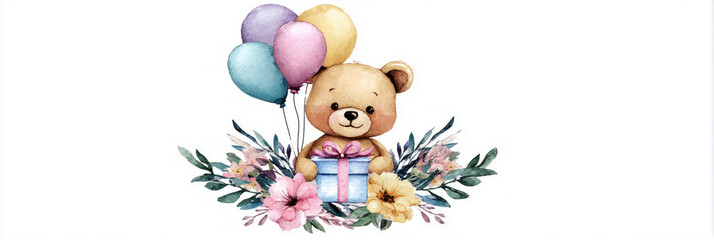 Fototapeta premium A baby bear holds colorful balloons in one hand and a small gift box in the other. It stands in a garden filled with soft flowers during a sunny day, enjoying the moment, banner