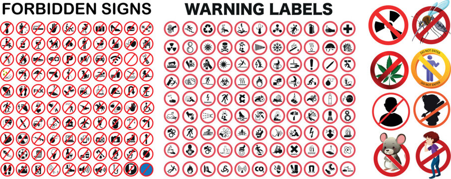 Forbidden and Warning Signs Large Set Safety Prohibition Icons Vector