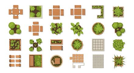 Aerial view of various garden and landscape design elements © Sumon