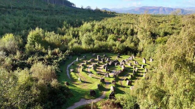 Cinematic Aerial 4K of the Ancient-Style Touchstone Maze Labyrinth in the Scottish Highlands - Mystical Stone Circle in Strathpeffer