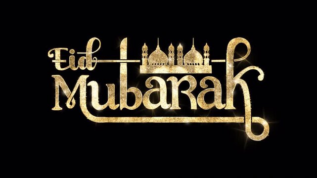 Eid mubarak text animation with mosque ornament in 2 clips. golden text and Alpha matte on black background Alpha channel. Great for celebrating and sharing blessings and wishes on festive occasions. 