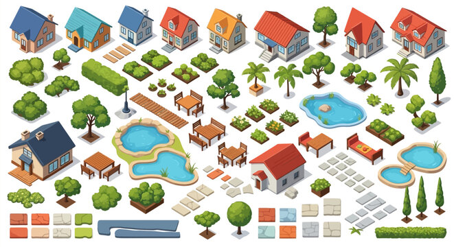 Isometric illustration of colorful houses trees ponds and garden elements