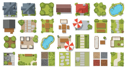 Aerial view set of various outdoor architectural elements and landscaping © PROMA