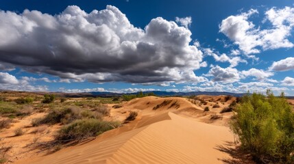 Expansive Desert Scene with Sand Dunes Under a Stormy Sky