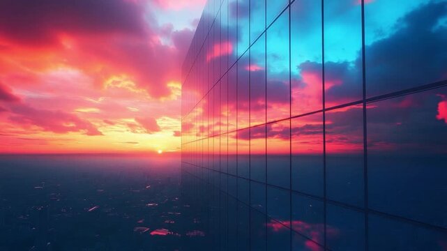 Skyscraper Horizon: Witness the grandeur of modern architecture meeting the sublime beauty of a fiery sunset, where the building's glass facade reflects the vibrant hues of the sky.