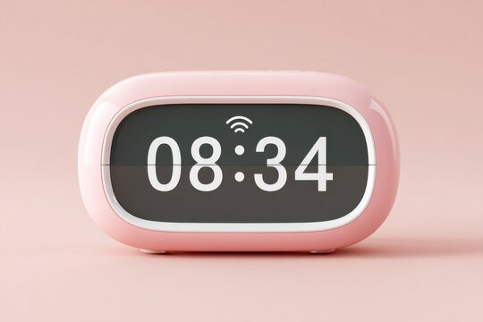 Minimal product style composition of a pastel pink smart alarm clock displaying the time 08:34 against a soft pink background, emphasizing modern design and functionality
