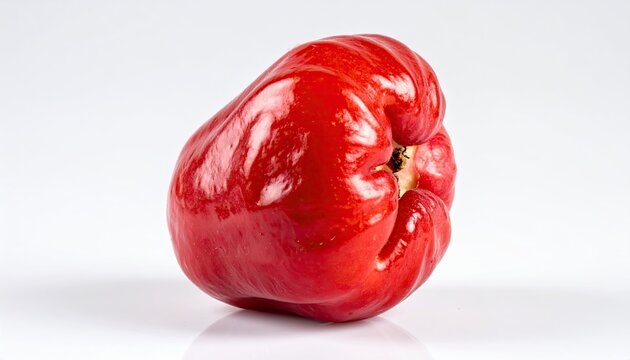 Glossy rose apple fruit on white backdrop offering culinary design asset with vivid color and studio lighting for tropical food concepts