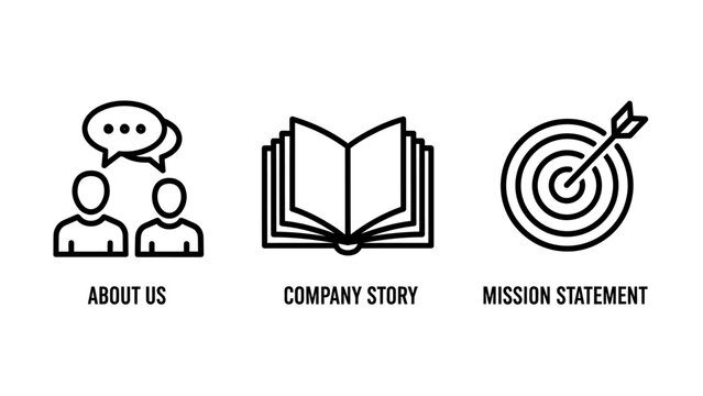 Business communication icons: About Us chat bubbles, Company Story open book, and Mission Statement target with arrow, illustrating company identity and goals.