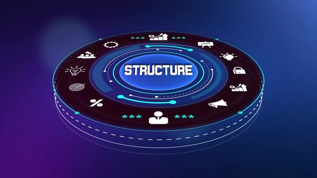 Strategic organizational structure visualization with a digital circular interface showing glowing business management icons