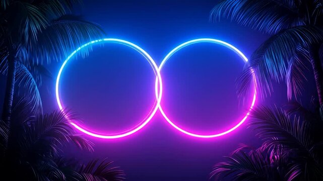 Vibrant image of neon circles, blue and pink, framed by shadowy palm trees