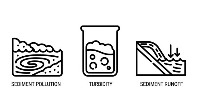 Water quality icons: sediment pollution, turbidity with beaker, and sediment runoff. Environmental science and water treatment concepts, line art.