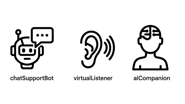 Artificial intelligence icons: chatbot, listening ear, and AI companion brain, representing virtual assistance, active listening, and human-computer interaction.