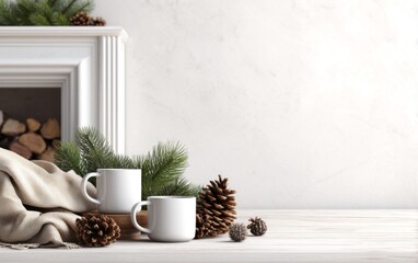 Naklejka premium Cozy Winter Scene with Fireplace and Warm Drinks in a Quaint Setting