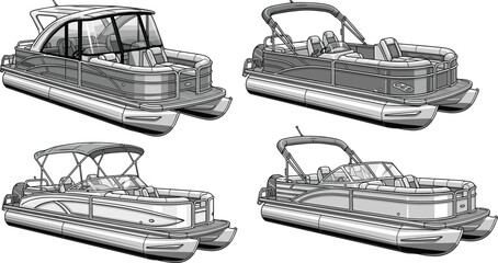 Pontoon boat vector illustration set, modern recreational motor boats collection with canopy and seating, luxury leisure watercraft design isolated marine transport © Itz Nur
