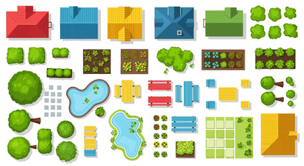 Aerial view of colorful buildings trees ponds and garden elements © PROMA