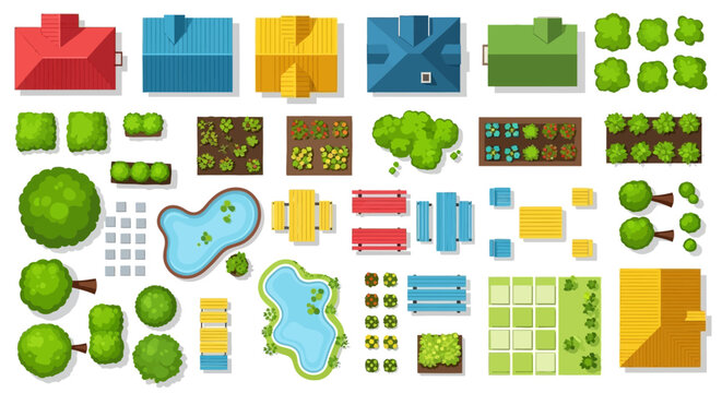 Aerial view of colorful buildings trees ponds and garden elements