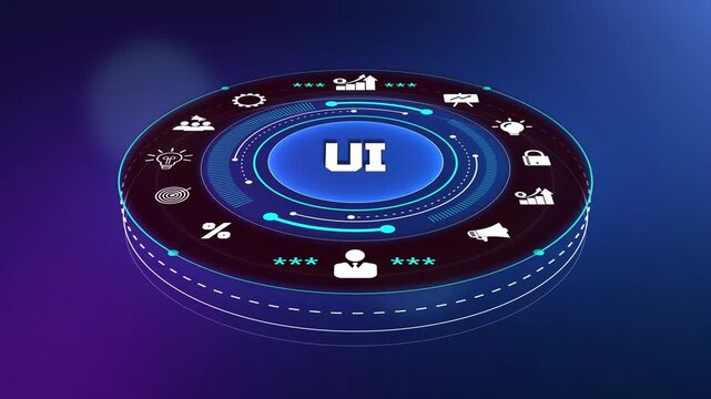Modern user interface design concept featuring a digital circular dashboard with glowing interactive icons