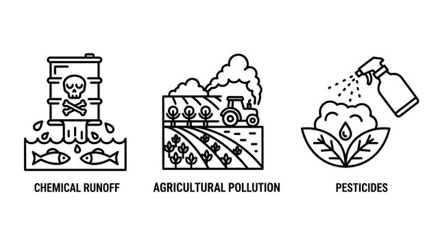 Environmental pollution icons: chemical runoff with dead fish, agricultural pollution with tractor, and pesticide spraying. Eco-concept symbols.