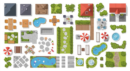 Top down view of various outdoor structures and landscape elements © PROMA
