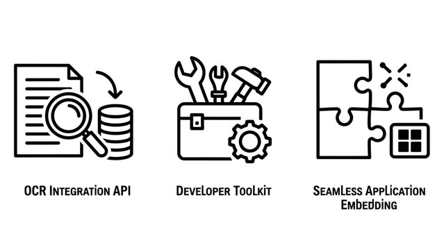 Software Development Icons Featuring OCR Integration API, Developer Toolkit, and Seamless Application Embedding for Modern Tech Solutions.
