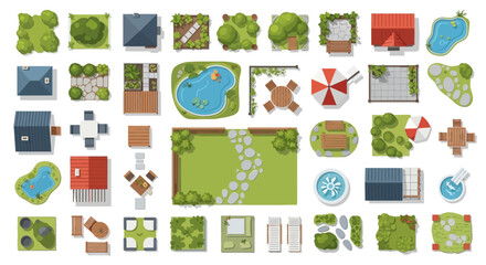 Fototapeta premium Aerial view collection of various garden and landscape elements