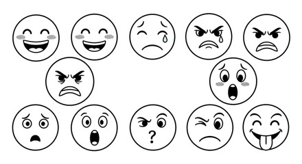 Collection of expressive emoji faces in black and white outline style.