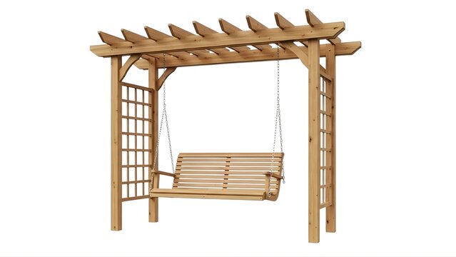A wooden swing set with a pergola on transparent background