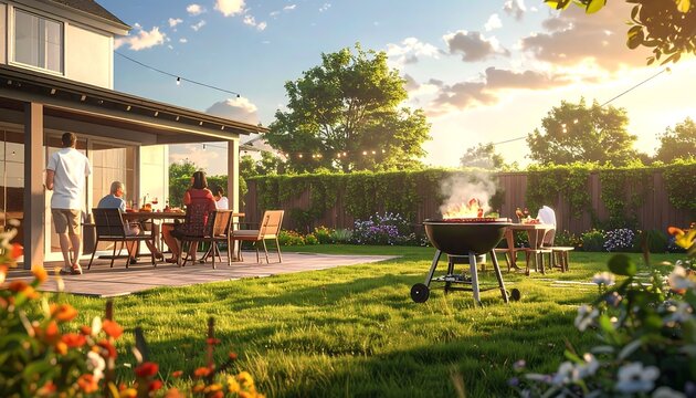 Backyard barbecue party with family and friends at sunset.