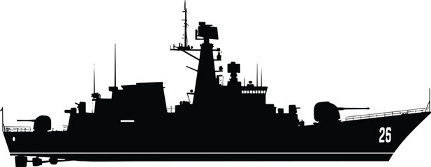 Military warship silhouette, navy destroyer vessel side view, armed naval ship vector illustration isolated on background © Hello there