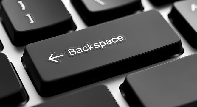 Black keyboard backspace key close-up isolated on white background