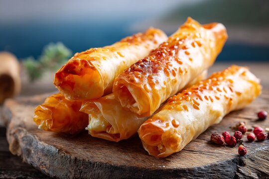Brek filo pastry rolls stuffed cheese background of misty Black Sea coastline soft moody tones bakery style composition