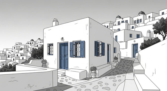 Greek Island Village House Vector Illustration, Black and White Mediterranean Travel
