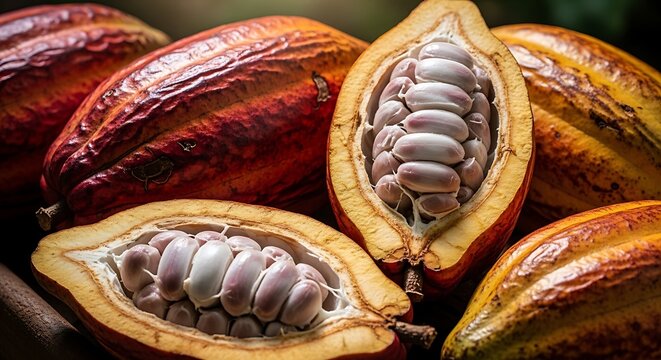 Cocoa pods cut open showing beans inside, close-up shot on natural background