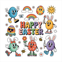 Obraz premium Groovy Retro Easter Characters and Decorations happy