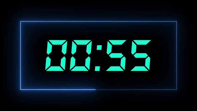 60 Second Digital Countdown Timer with Cyan LED Numbers and Glowing Blue Neon Frame