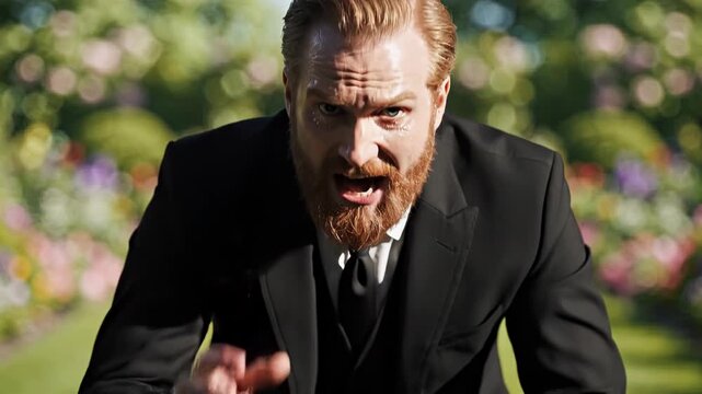 Energetic suited man gestures excitedly in garden outdoors.