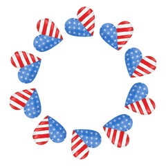 Fototapeta premium Round, festive frame for American Independence Day featuring the country's flag in a heart shape. Hand drawn watercolor illustration.