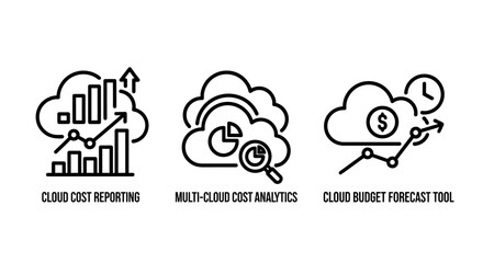 Obraz premium Cloud Computing Cost Management Icons: Reporting, Multi-Cloud Analytics, and Budget Forecasting for Financial Planning and Optimization.