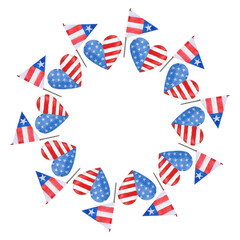Fototapeta premium Round festive frame for American Independence Day with symbols of the country. Hand drawn watercolor illustration.