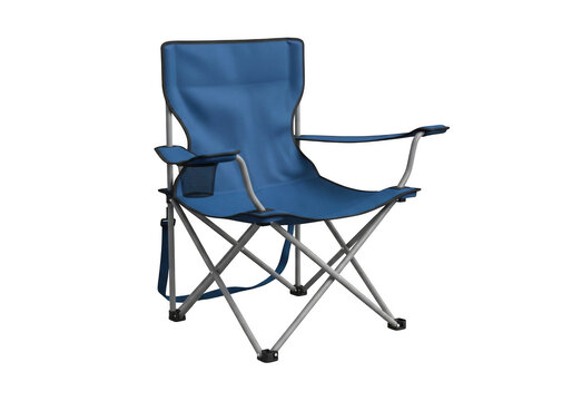 Folding camping chair with blue fabric and armrests in an open field isolated on transparent background