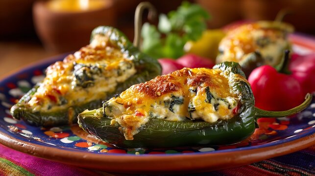 Chiles Rellenos stuffed peppers ceramic plate background Mexican desert canyon with sunset glow vibrant shadows