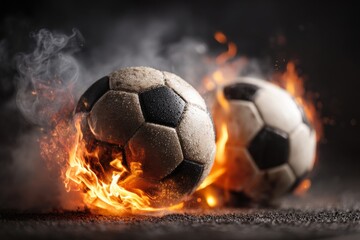 Naklejka premium A dark background sets the stage for a soccer ball surrounded by flames and smoke, perfect for dynamic sports visuals