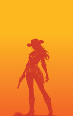 Cowgirl silhouette against vintage western background, suitable for westernthemed designs, posters, or product packaging in movies, events, or promotions.
