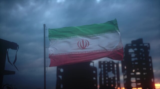 Dramatic Scene of Iranian Flag Above War Damaged Urban Landscape