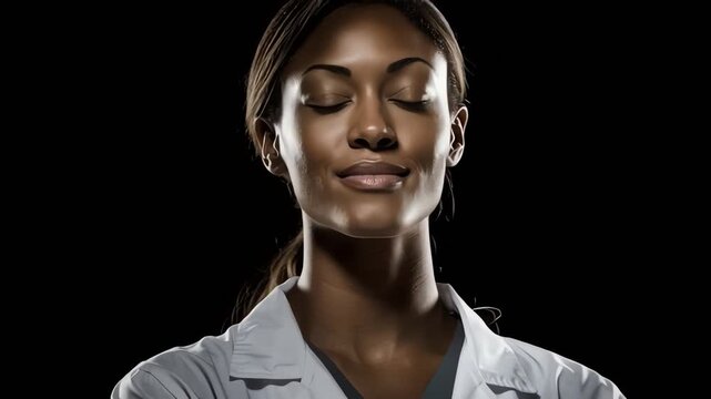 African American female doctor in white lab coat, dark background, symbolizing medical research and healthcare innovation