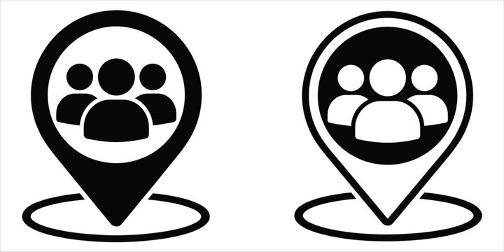 Black and white outline icons representing group location or people marker Keywords: location, map, marker, pin, pointer, GPS